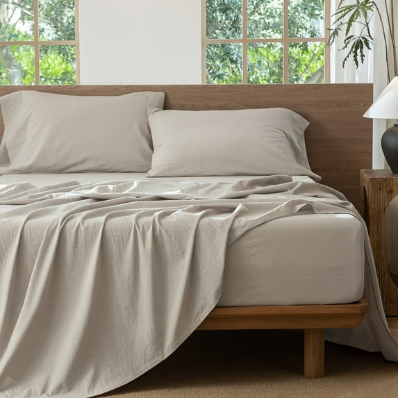 MooMee 100% Washed Cotton Sheet Set Queen Linen Like Textured Breathable Durable Soft Comfy 4pcs (Cream Grey)