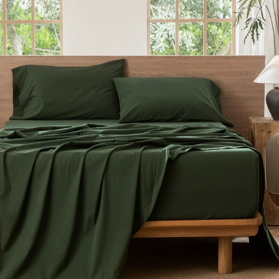 MooMee 100% Washed Cotton Sheet Set Queen Linen Like Textured Breathable Durable Soft Comfy 4pcs (Forest Green)
