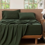 MooMee 100% Washed Cotton Sheet Set Queen Linen Like Textured Breathable Durable Soft Comfy 4pcs Forest Green
