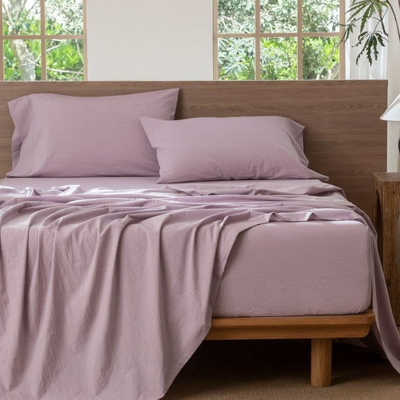 MooMee 100% Washed Cotton Sheet Set Queen Linen Like Textured Breathable Durable Soft Comfy 4pcs (Light Purple)