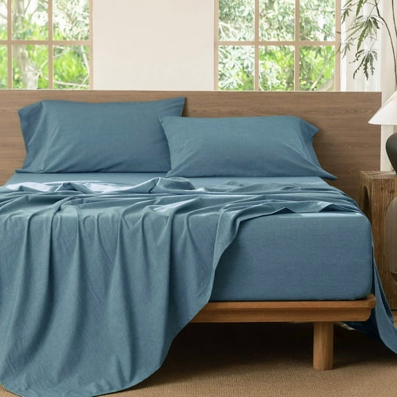 MooMee 100% Washed Cotton Sheet Set Queen Linen Like Textured Breathable Durable Soft Comfy 4pcs (Peacock Blue)