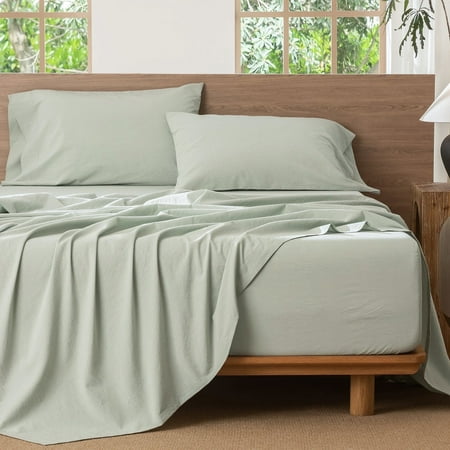 MooMee 100% Washed Cotton Sheet Set Queen Linen Like Textured Breathable Durable Soft Comfy 4pcs (Sage Green)