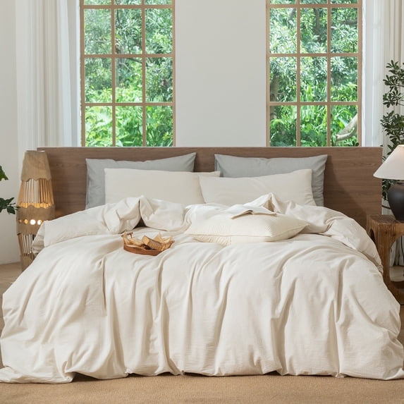 MooMee Striped Duvet Cover Set Cal-King 100% Washed Cotton Linen Like Textured Breathable 3-Piece (Almond Milk Grey& White Classic Stripes)