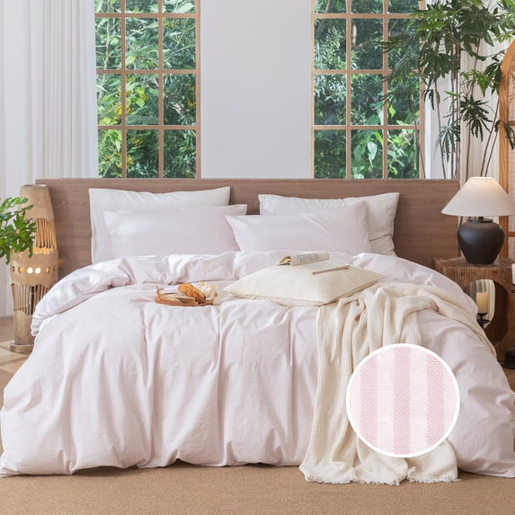 MooMee Striped Duvet Cover Set Cal-King 100% Washed Cotton Linen Like Textured Breathable 3-Piece (Greyish Pink& White Pinstripes, 104"x98")