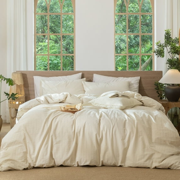 MooMee Striped Duvet Cover Set Full 100% Washed Cotton Linen Like Textured Breathable 3-Piece (Almond Milk Grey& White Wide Stripes)
