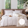 thumbnail image 1 of MooMee Striped Duvet Cover Set Full 100% Washed Cotton Linen Like Textured Breathable 3-Piece (White& Greyish Pink Wide Stripes, 80"x90"), 1 of 8
