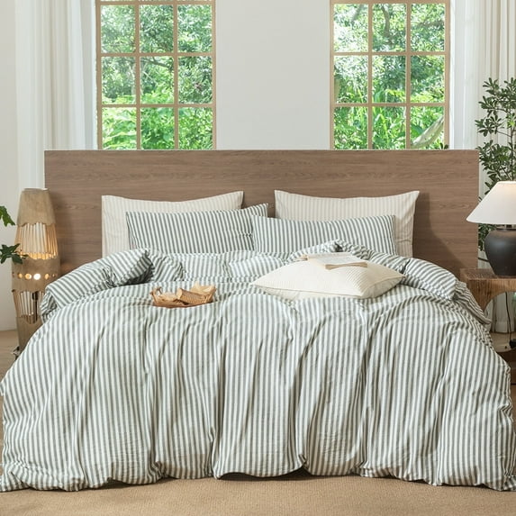 MooMee Striped Duvet Cover Set King 100% Washed Cotton Linen Like Textured Breathable 3-Piece (Heathered Green& White Classic Stripes)