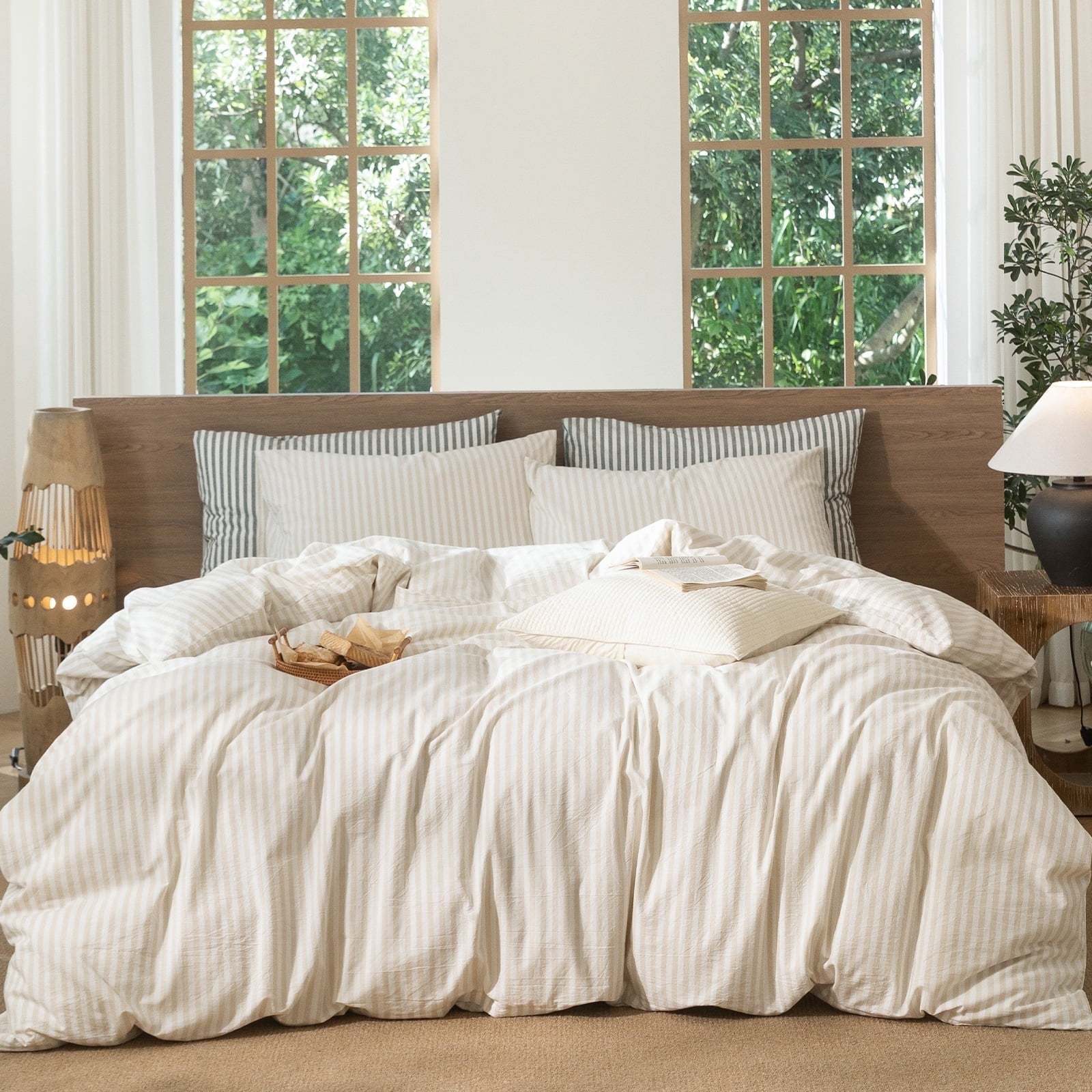 MooMee Striped Duvet Cover Set King 100% Washed Cotton Linen Like Textured Breathable 3-Piece (Almond Milk Grey& White Classic Stripes)