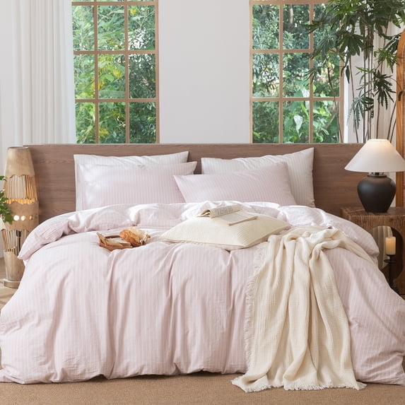 MooMee Striped Duvet Cover Set King 100% Washed Cotton Linen Like Textured Breathable 3-Piece (Greyish Pink& White Wide Stripes, 104"x90")