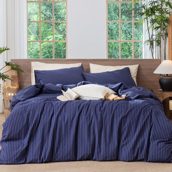 MooMee 100% Washed Cotton Striped Duvet Cover Set King Linen Like Textured Breathable 3-Piece (Navy Blue Wide Stripes)