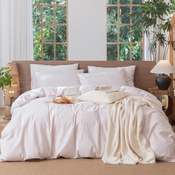 MooMee Striped Duvet Cover Set Oversized King 100% Washed Cotton Linen Like Textured Breathable 3-Piece (Greyish Pink& White Pinstripes, 120"x98")