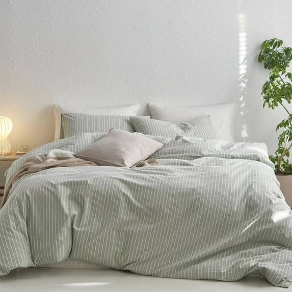 MooMee Striped Duvet Cover Set Oversized King 100% Washed Cotton Linen Like Textured Breathable 3-Piece (Sage Green& White Wide Stripes, 120"x98")