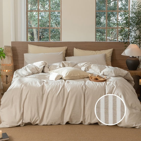 MooMee Striped Duvet Cover Set Oversized King 100% Washed Cotton Linen Like Textured Breathable 3-Piece (Tannish Linen Grey& White Pinstripes, 120"x98")