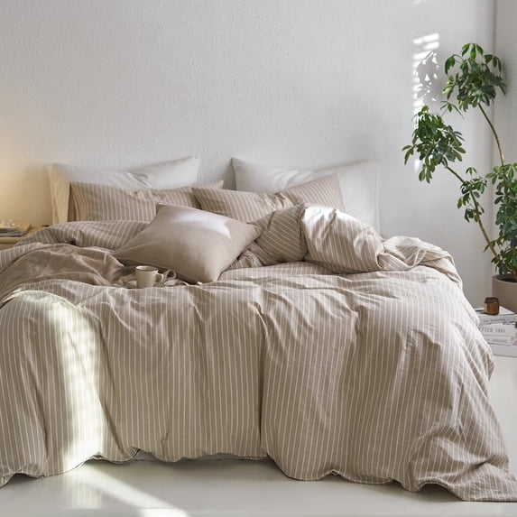 MooMee Striped Duvet Cover Set Oversized King 100% Washed Cotton Linen Like Textured Breathable 3-Piece (Tannish Linen Grey& White Wide Stripes, 120"x98")