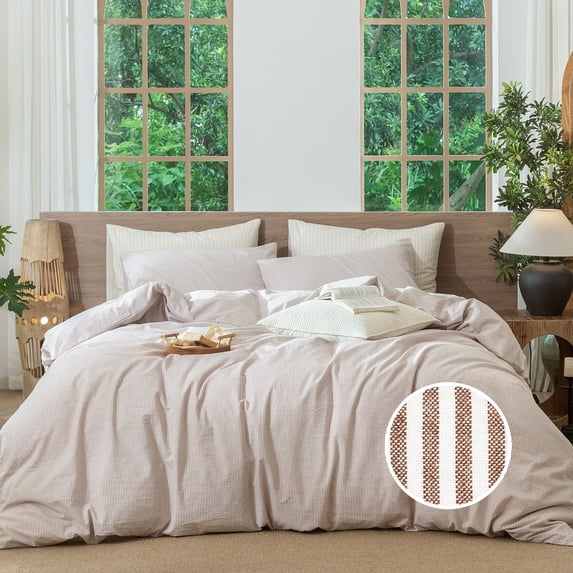MooMee Striped Duvet Cover Set Queen 100% Washed Cotton Linen Like Textured Breathable 3-Piece (Orange& White Pinstripes)