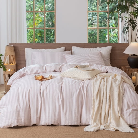 MooMee Striped Duvet Cover Set Queen 100% Washed Cotton Linen Like Textured Breathable 3-Piece (Greyish Pink& White Classic Stripes, 90"x90")
