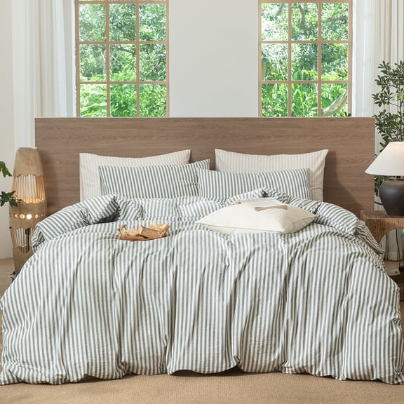 MooMee Striped Duvet Cover Set Queen 100% Washed Cotton Linen Like Textured Breathable 3-Piece (Heathered Green& White Classic Stripes)