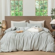 MooMee Striped Duvet Cover Set Queen 100% Washed Cotton Linen Like Textured Breathable 3-Piece Heathered Green& White Classic Stripes