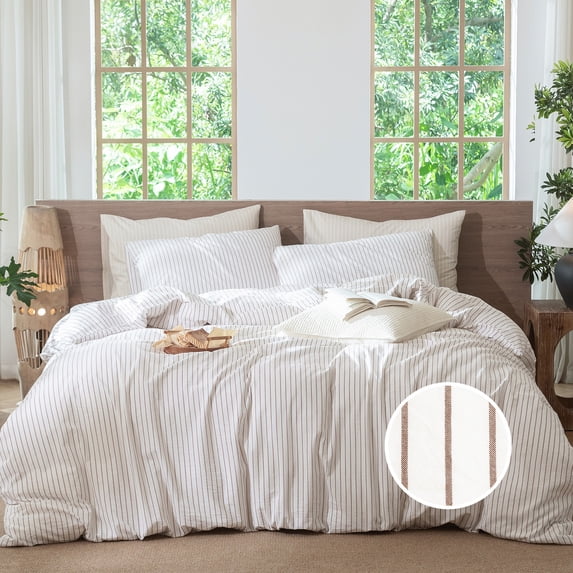 MooMee Striped Duvet Cover Set Queen 100% Washed Cotton Linen Like Textured Breathable 3-Piece (White& Orange Wide Stripes)