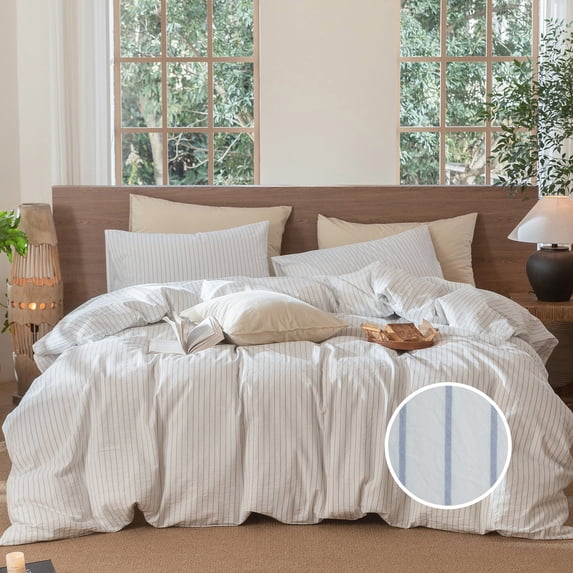 MooMee Striped Duvet Cover Set Twin 100% Washed Cotton Linen Like Textured Breathable 2-Piece (White& Cornflower Blue Wide Stripes, 68"x90")
