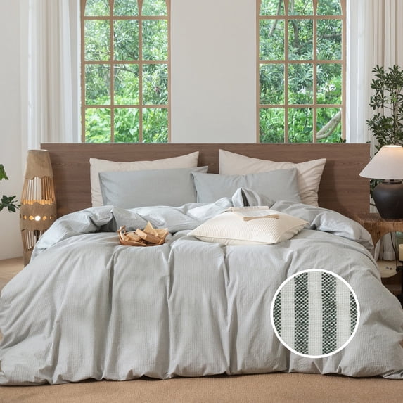 MooMee Striped Duvet Cover Set Twin 100% Washed Cotton Linen Like Textured Breathable 2-Piece (Heathered Green& White Pinstripes, 68"x90")