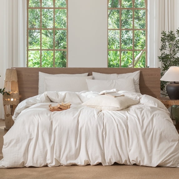 MooMee Striped Duvet Cover Set Twin 100% Washed Cotton 100% Washed Cotton Linen Like Textured Breathable 2-Piece (White& Almond Milk Grey Wide Stripes, 68"x90")