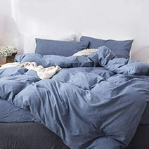 MooMee Bedding Duvet Cover Set 100% Washed Cotton Linen Like Textured Breathable Durable Soft Comfy Blue King