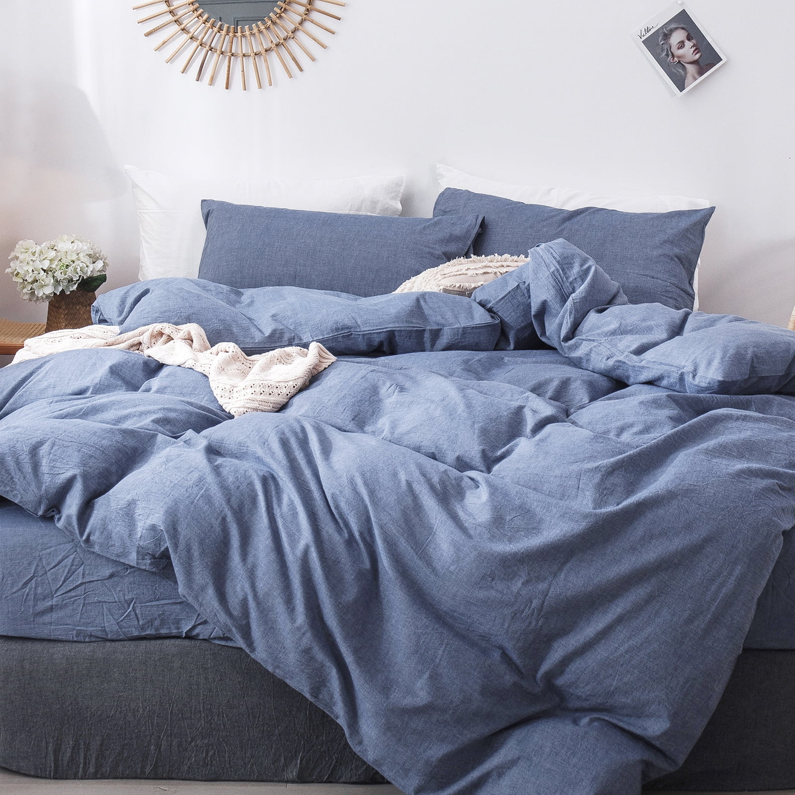 MooMee Twin Size Duvet Cover Set, 100 Washed Cotton, Breathable, Soft