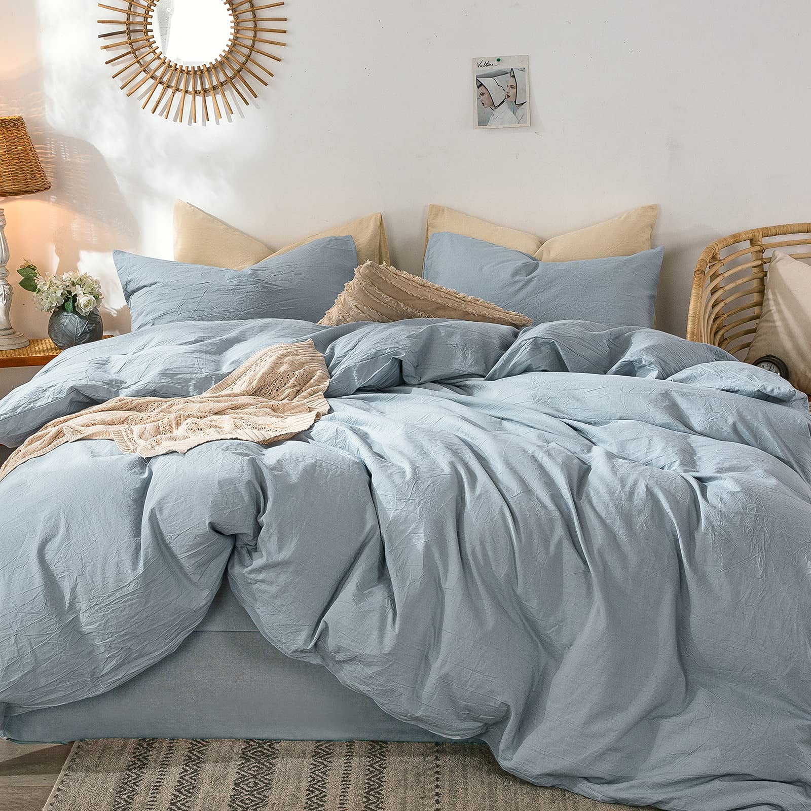MooMee Bedding Duvet Cover Set 100 Washed Cotton Linen Like Textured Breathable Durable Soft