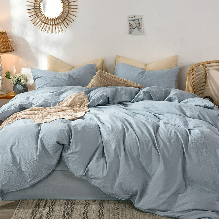 MooMee Bedding Duvet Cover Set 100% Washed Cotton Linen Like Textured  Breathable Durable Soft Comfy(Comforter Not Included) Cornflower Blue, Twin  Size