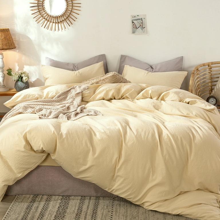 MooMee Bedding Duvet Cover Set 100% Washed Cotton Linen Like Textured  Breathable Durable Soft Comfy (Comforter Not Included) Light Beige Cream,  Queen 