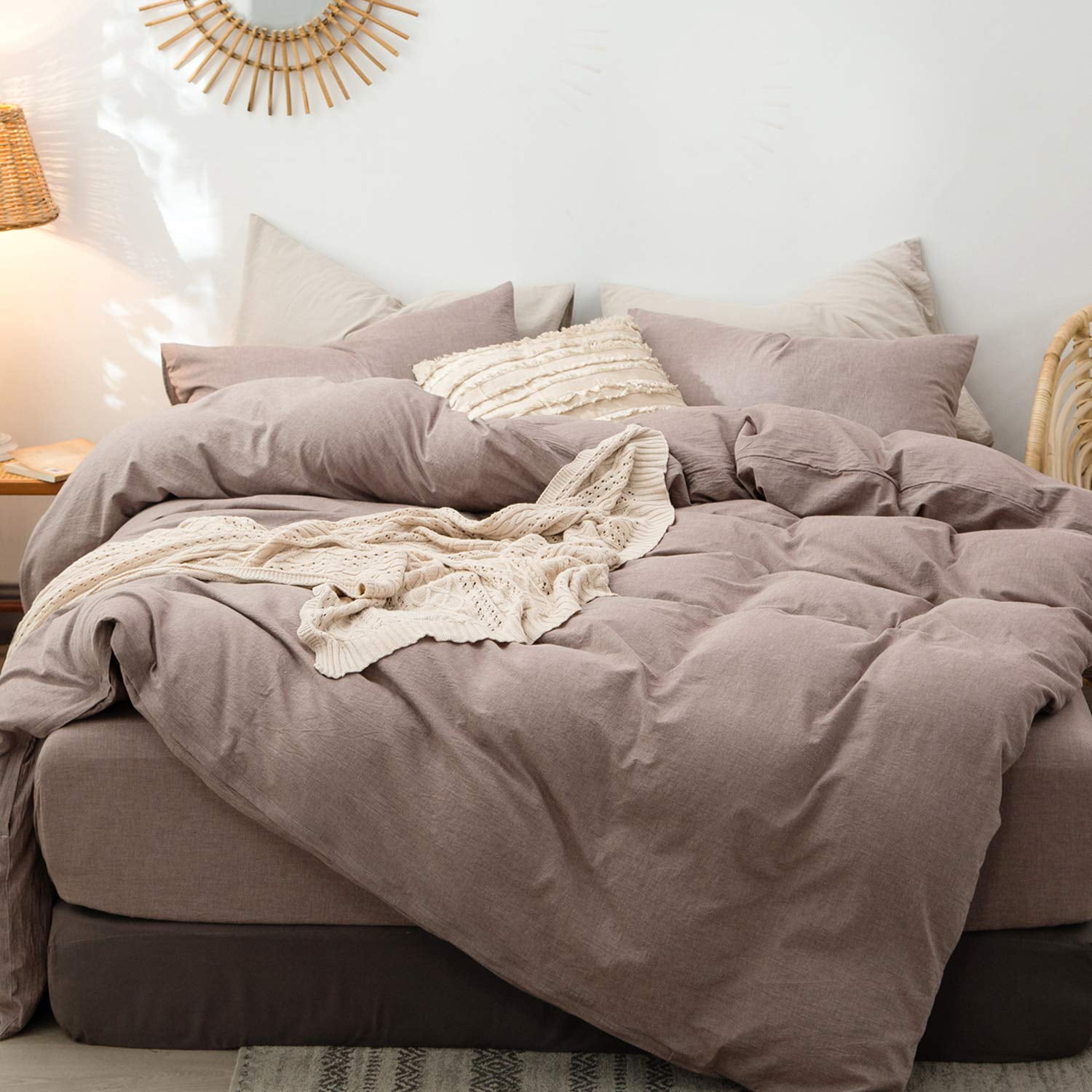 MooMee Bedding Duvet Cover Set 100% Washed Cotton Linen Like Textured  Breathable Durable Soft Comfy (Comforter Not Included) Mauve Brown, King  Size 
