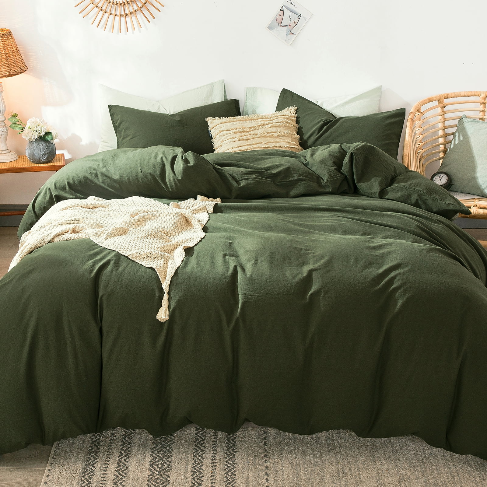Olive Green Full Cotton Duvet Cover Set with Pillowcases