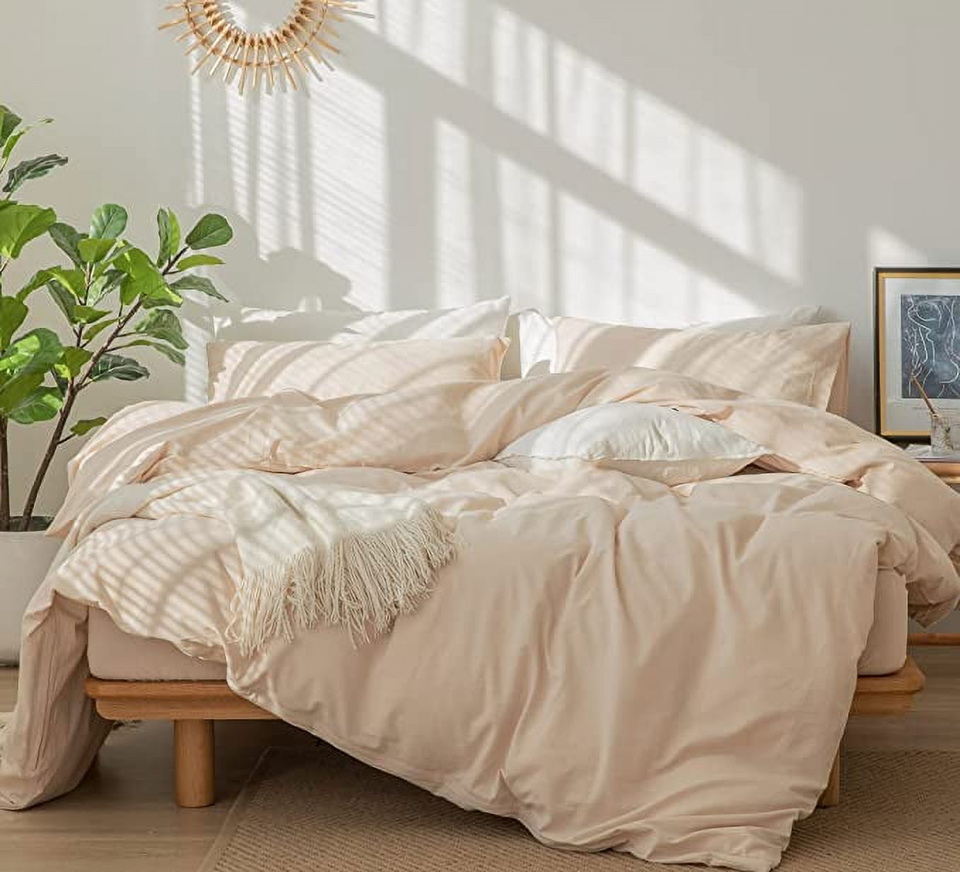 Boho Washed Microfiber Beige Duvet Cover Set Striped Textured Duvet