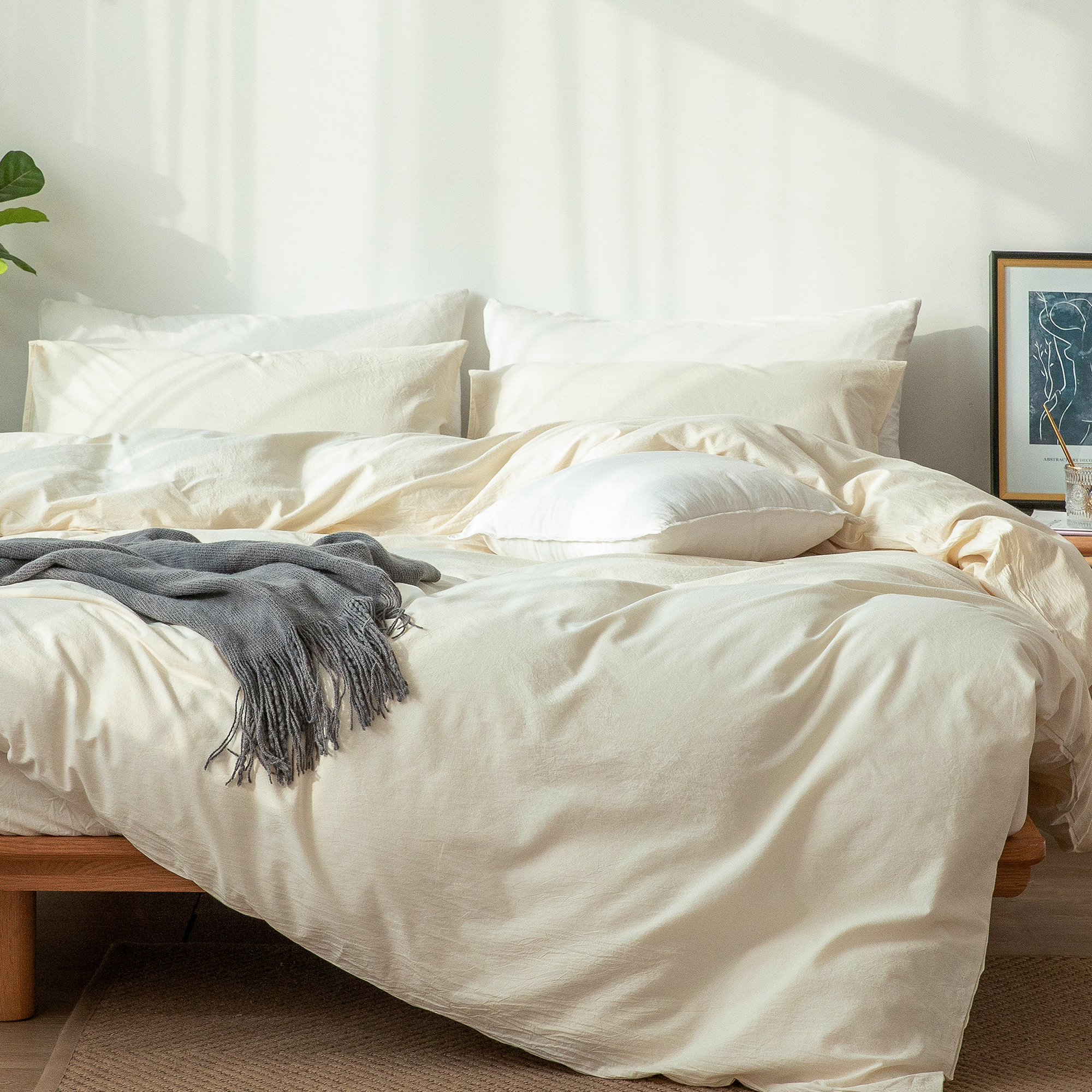 MooMee Bedding Duvet Cover Set 100 Washed Cotton Linen Like Textured Breathable Durable Soft