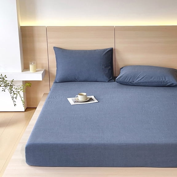 MooMee Fitted Sheet with Pillowcases 3-Piece Set 100% Washed Cotton Linen Like Textured (Denim Blue, Queen)