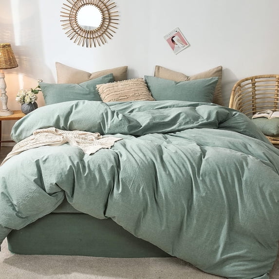 MooMee Duvet Cover Set 100% Washed Cotton Linen Like Textured Breathable 3 Piece (Green, King)