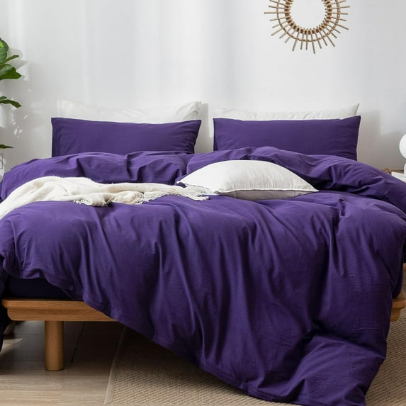 MooMee Duvet Cover Set 100% Washed Cotton Linen Like Textured Breathable 3 Piece (Parachute Purple, King)