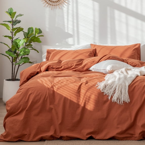 MooMee Duvet Cover Set 100% Washed Cotton Linen Like Textured Breathable 3 Piece (Rust Brown, Queen)