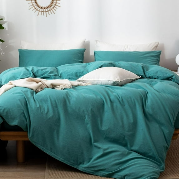 MooMee Duvet Cover Set 100% Washed Cotton Linen Like Textured Breathable 3 Piece (Teal, Queen)