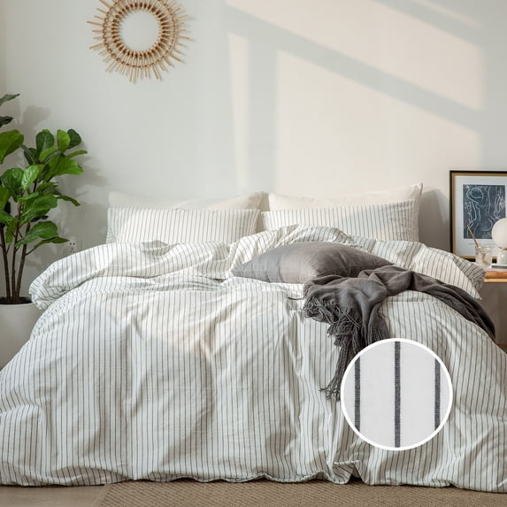 MooMee Striped Duvet Cover Set Full 100% Washed Cotton Linen Like Textured Breathable 3-Piece (White& Dark Grey Wide Stripes)