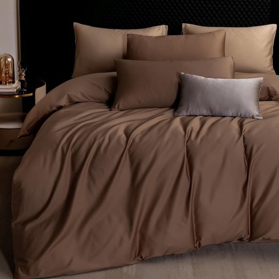 MooMee Duvet Cover Set King 600-TC 100% Extra Long-Staple Cotton Sateen Silky Smooth Luxury (Chocolate Brown)