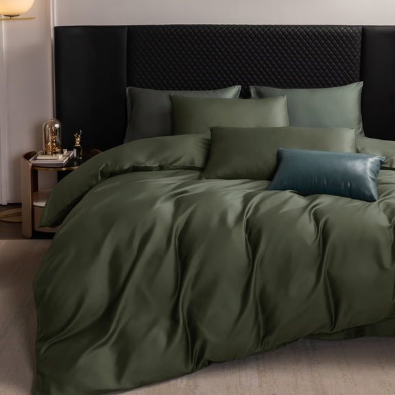 MooMee Duvet Cover Set King 600-TC 100% Extra Long-Staple Cotton Sateen Silky Smooth Luxury (Olive Green)