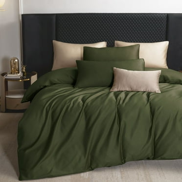 MooMee Duvet Cover Set King 600-TC 100% Extra Long-Staple Cotton Sateen Silky Smooth Luxury (Olive Green)