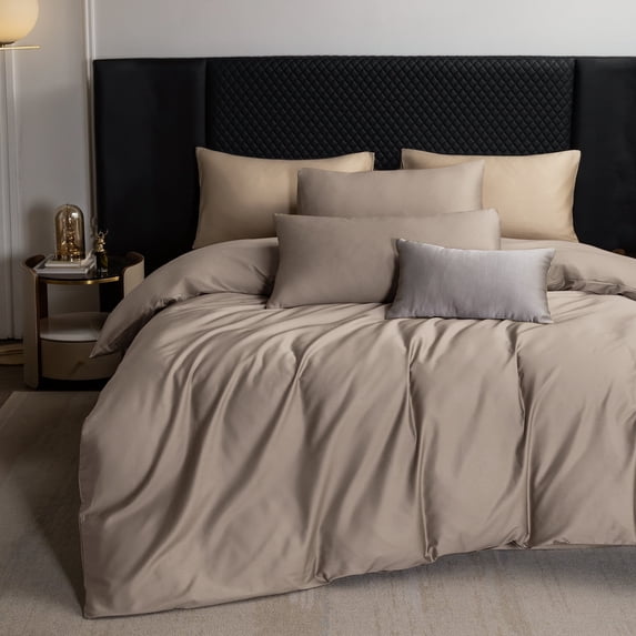 MooMee Duvet Cover Set Queen 600-TC 100% Extra Long-Staple Cotton Sateen Silky Smooth Luxury (Tannish Grey)
