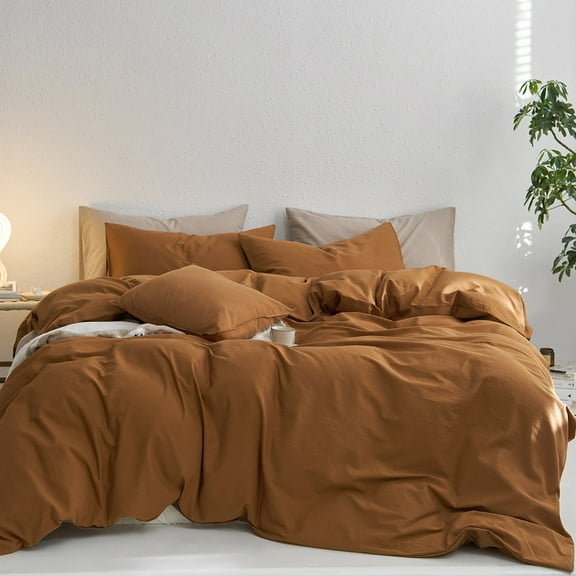 MooMee Duvet Cover Set King 100% Washed Cotton Twill Ultra-Soft Breathable Linen Like 3-Piece (Dark Orange, 104"x90")