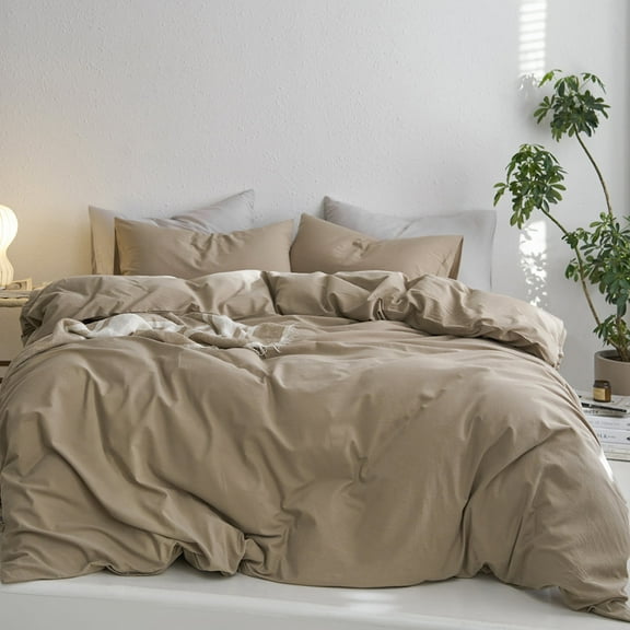 MooMee Duvet Cover Set King 100% Washed Cotton Twill Ultra-Soft Breathable Linen Like 3-Piece (Mocha Brown, 104"x90")
