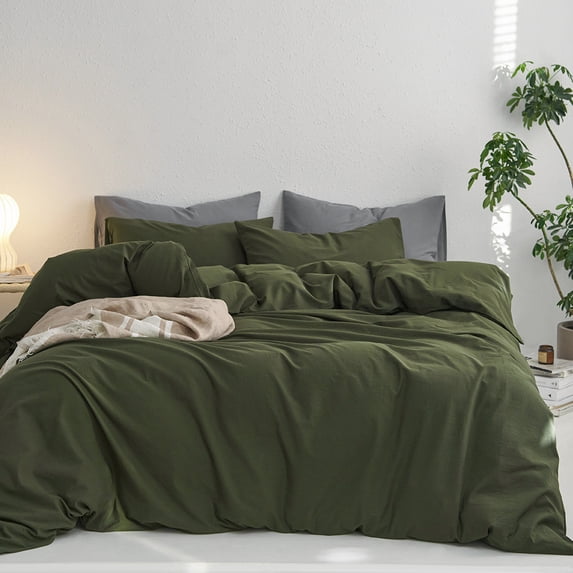 MooMee Duvet Cover Set King 100% Washed Cotton Twill Ultra-Soft Breathable Linen Like 3-Piece (Olive Green, 104"x90")