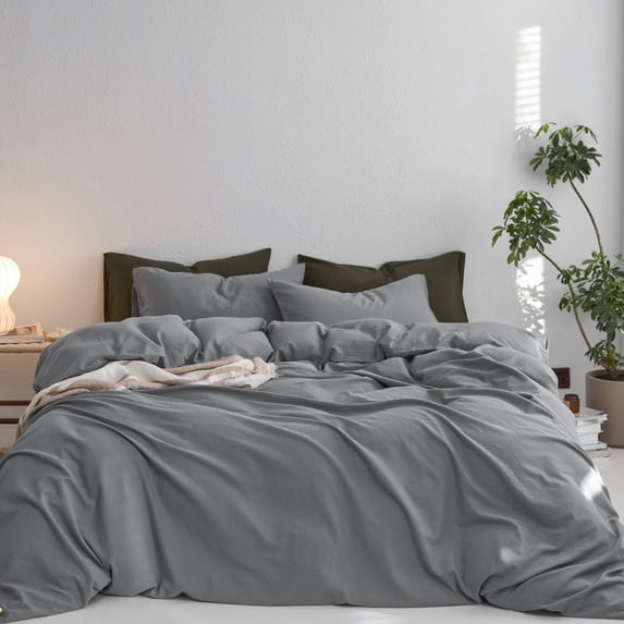 MooMee Duvet Cover Set King 100% Washed Cotton Twill Ultra-Soft Breathable Linen Like 3-Piece (Polar Grey, 104"x90")