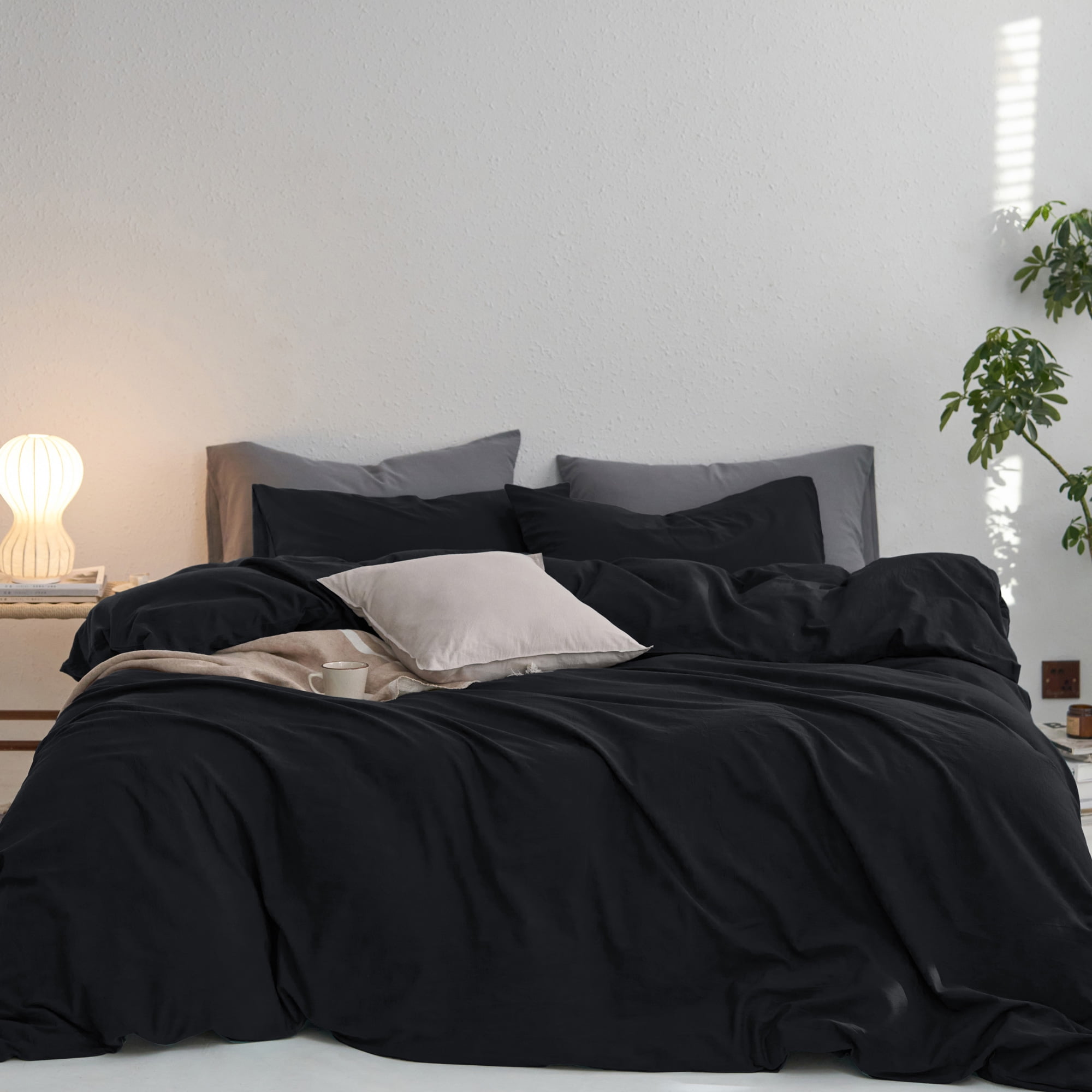 MooMee Duvet Cover Set Queen 100% Washed Cotton Twill Ultra-Soft Breathable Linen Like 3-Piece (Black, 90"x90")